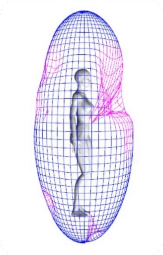 Sample biofield scan, side view, before energizing, showing pink areas of reduced field strength across the upper body